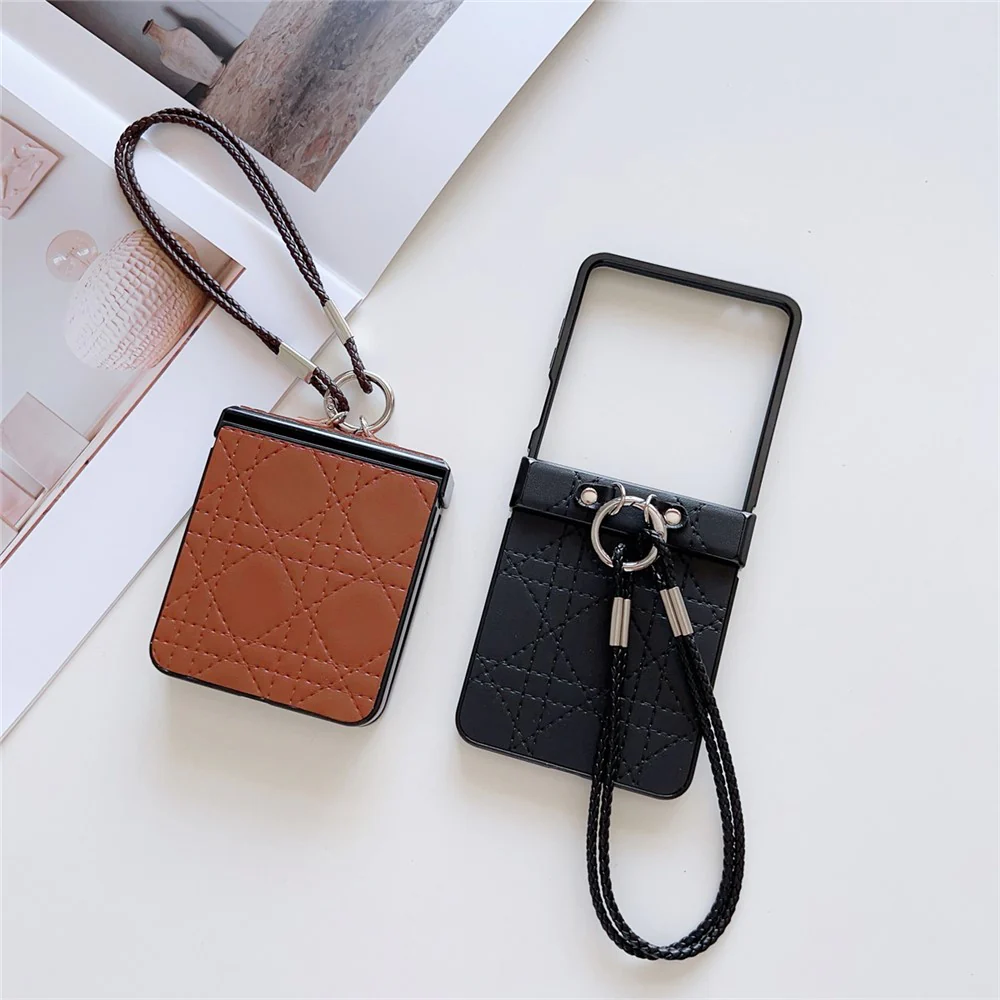 For Samsung Galaxy Z Flip7 5G Case Imprinted Rhombus TPU + PC Phone Cover with Wrist Strap - White - Image 5