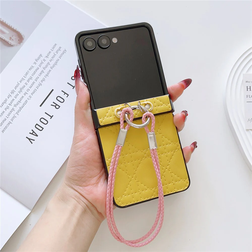 For Samsung Galaxy Z Flip7 5G Case Imprinted Rhombus TPU + PC Phone Cover with Wrist Strap - Yellow