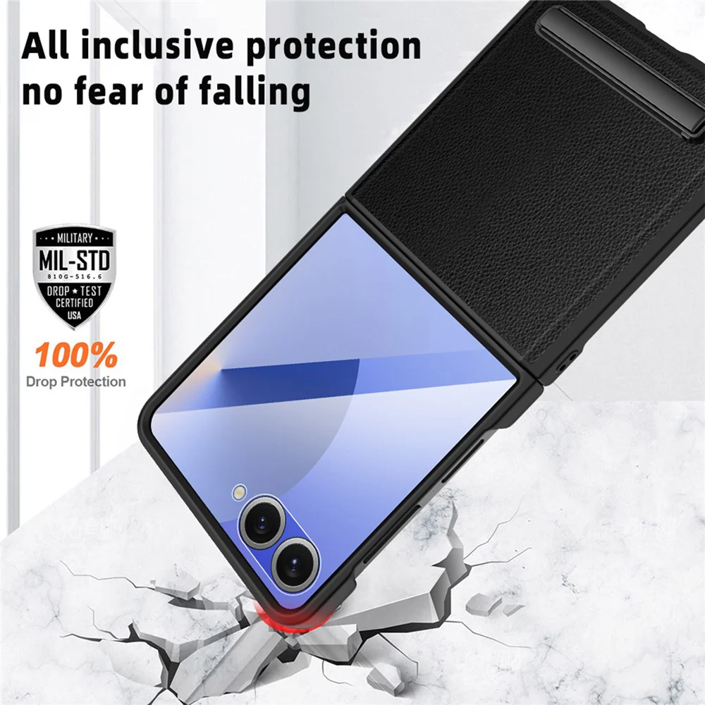 For Samsung Galaxy Z Flip7 5G Case Kickstand PC+PU Phone Cover with Screen / Lens Film - Black - Image 3