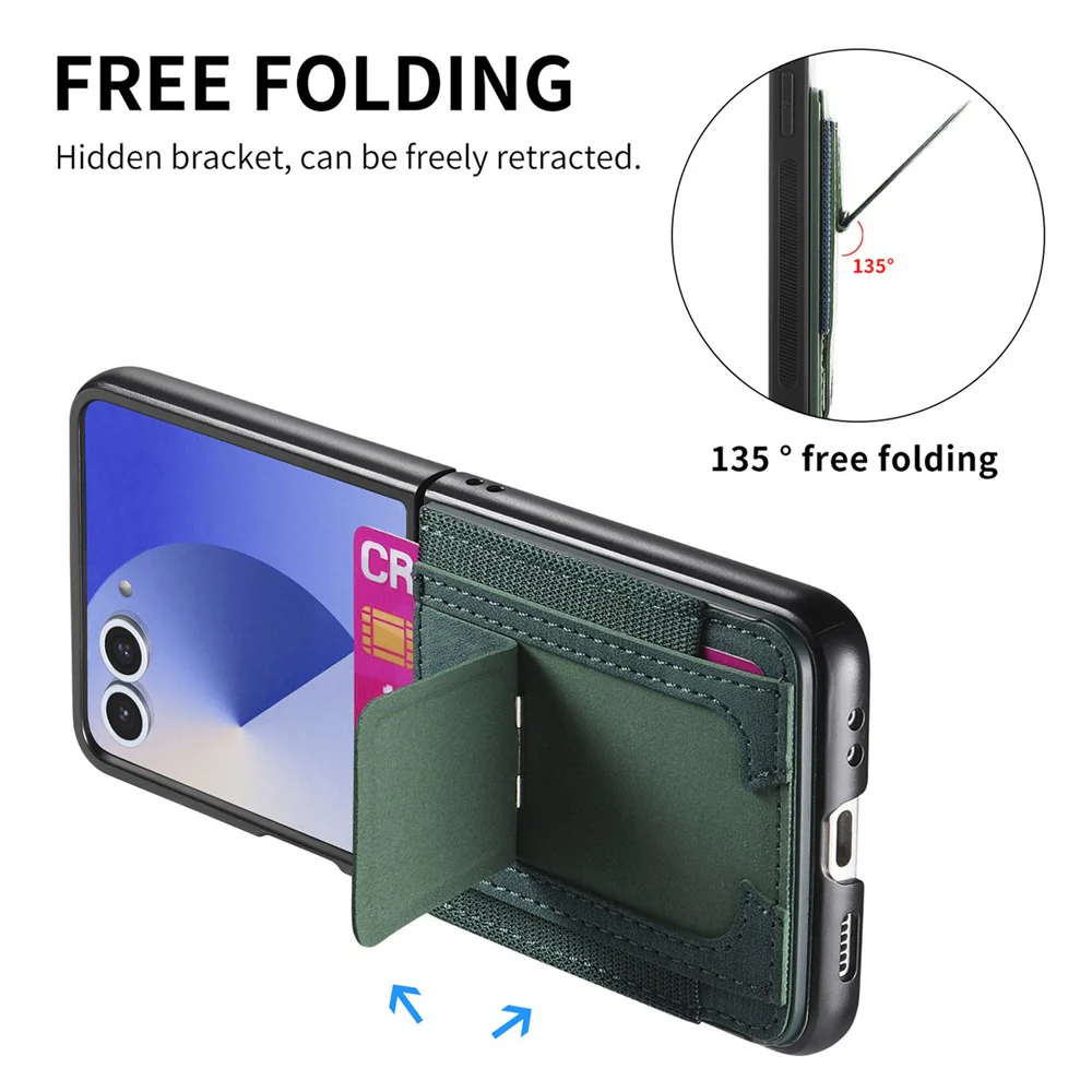 For Samsung Galaxy Z Flip7 5G Case Kickstand Retro Leather Back Cover with Card Holder - Green - Image 4