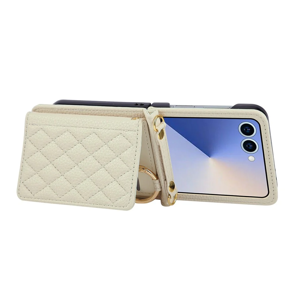 For Samsung Galaxy Z Flip7 5G Case Kickstand Rhombus Leather + TPU Phone Cover with Shoulder Strap - Beige - Image 4