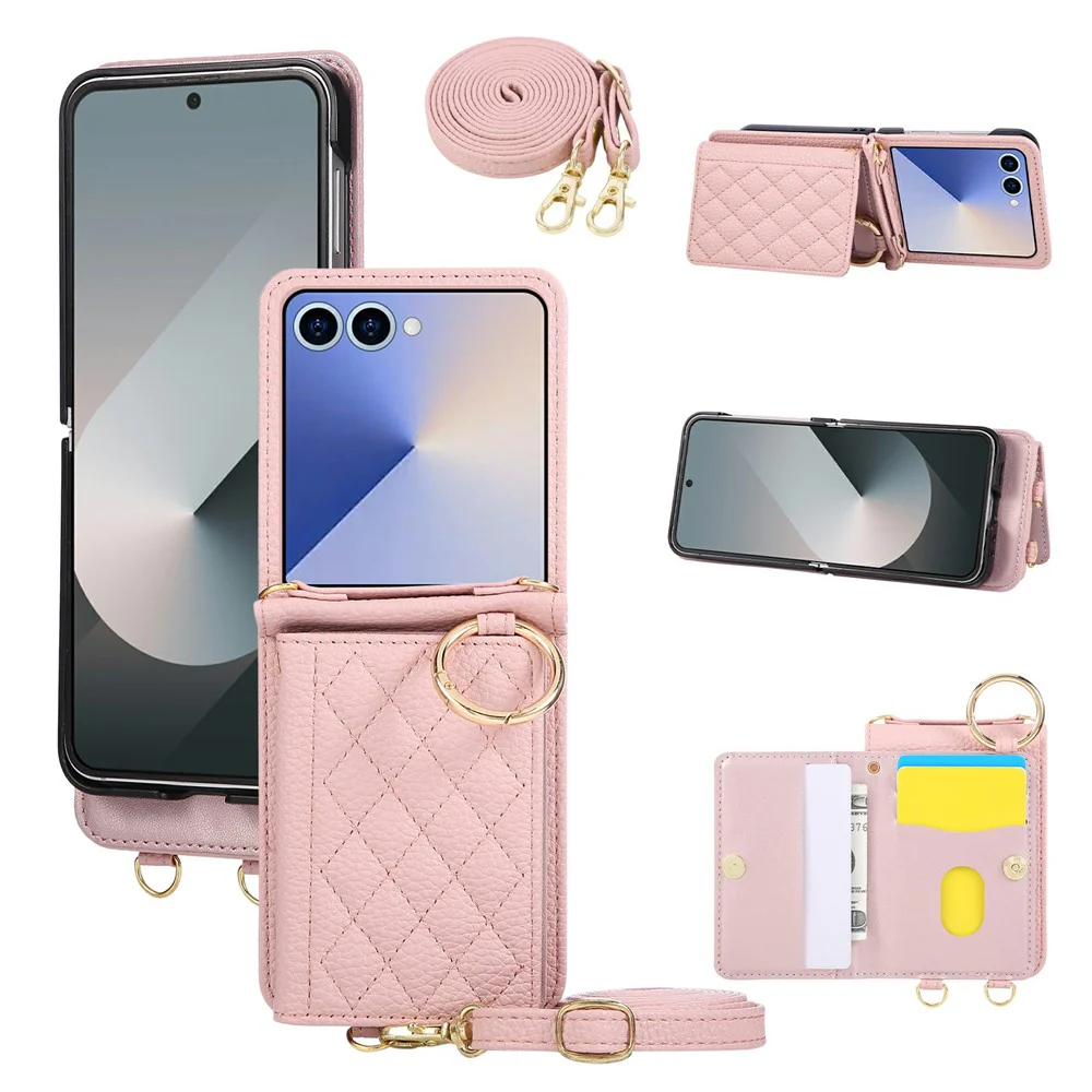 For Samsung Galaxy Z Flip7 5G Case Kickstand Rhombus Leather + TPU Phone Cover with Shoulder Strap - Pink