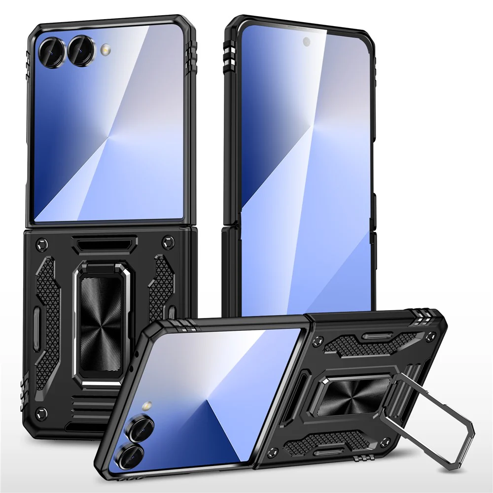 For Samsung Galaxy Z Flip7 5G Case Kickstand Slide Lens Lid PC + TPU Drop - Black