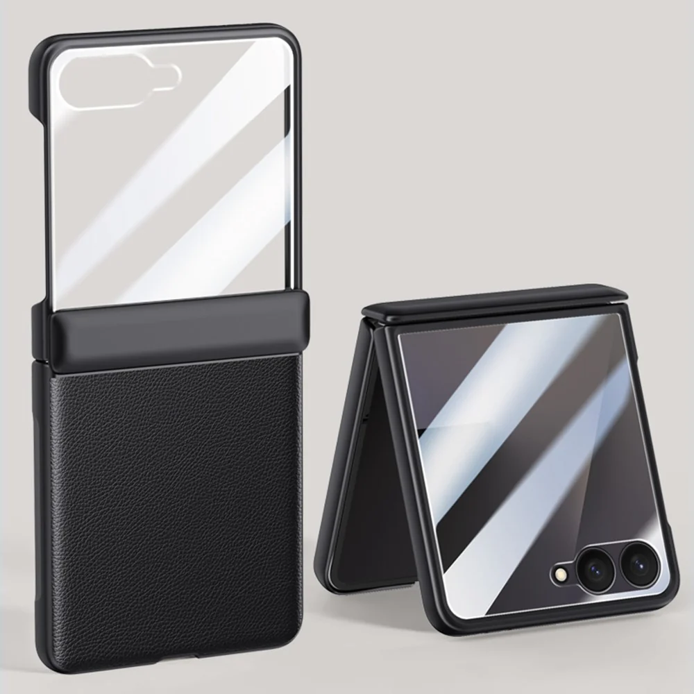 For Samsung Galaxy Z Flip7 5G Case Leather + PC Phone Cover HD Rear Small Screen Protector - Black