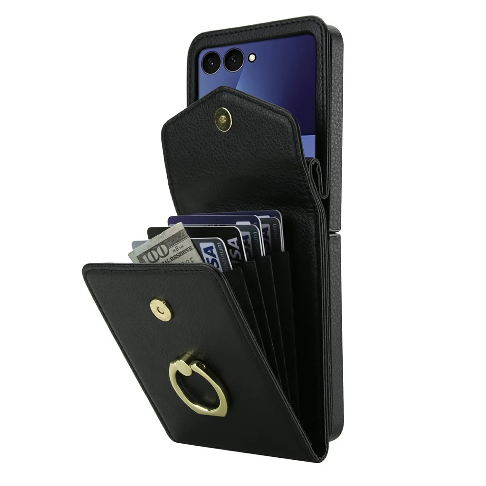 For Samsung Galaxy Z Flip7 5G Case Litchi Texture PU Leather + TPU Phone Cover with Shoulder Strap - Black - Image 3