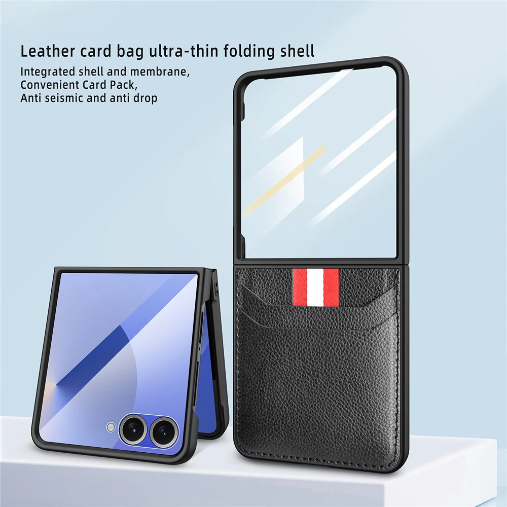 For Samsung Galaxy Z Flip7 5G Case Litchi Texture PU+PC Phone Cover with Screen / Lens Film - Blue - Image 2
