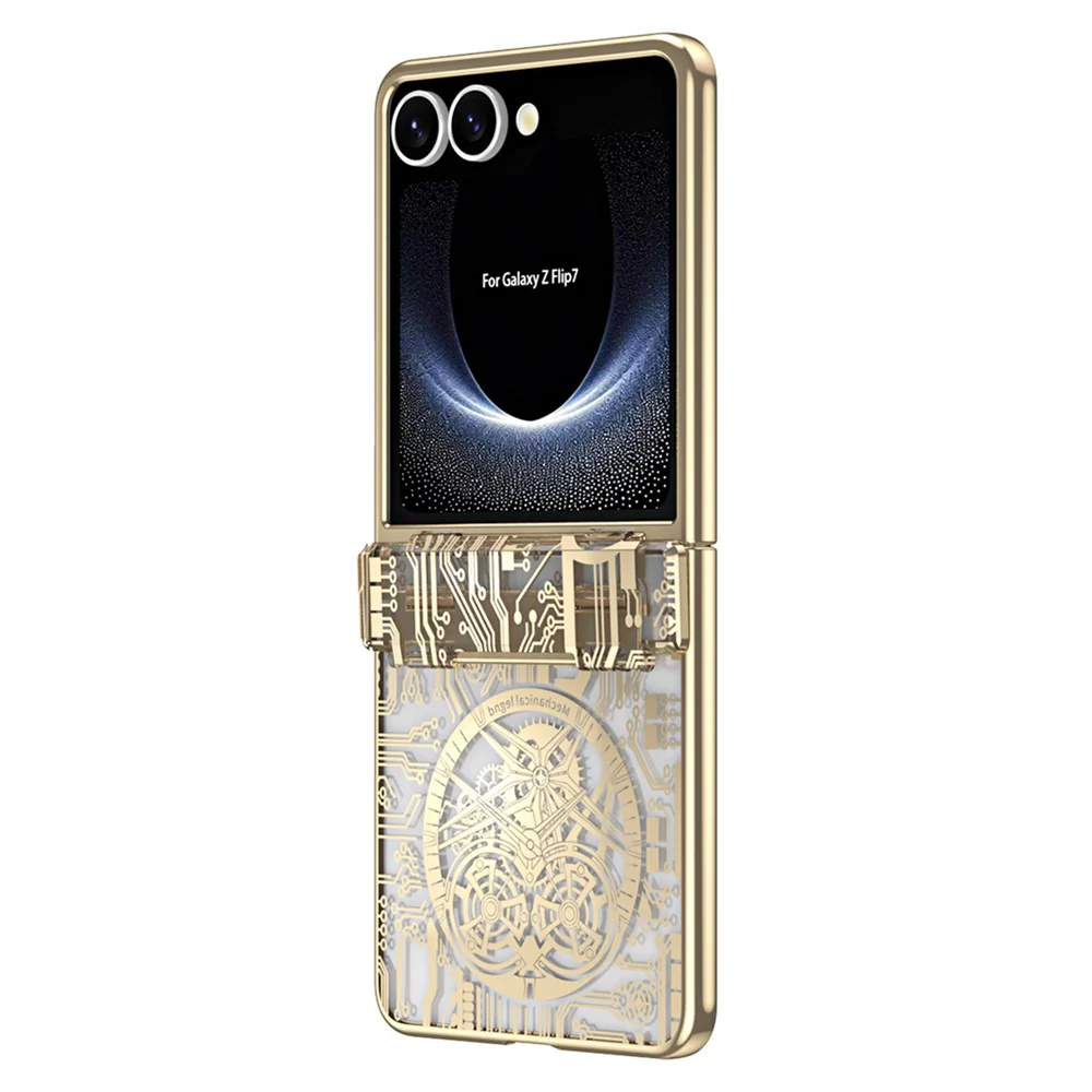 For Samsung Galaxy Z Flip7 5G Case Mechanical Legend Electroplating PC Phone Cover with Rear Screen Film - Gold - Image 3