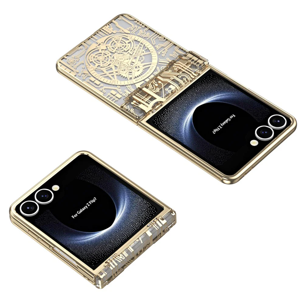 For Samsung Galaxy Z Flip7 5G Case Mechanical Legend Electroplating PC Phone Cover with Rear Screen Film - Gold - Image 4
