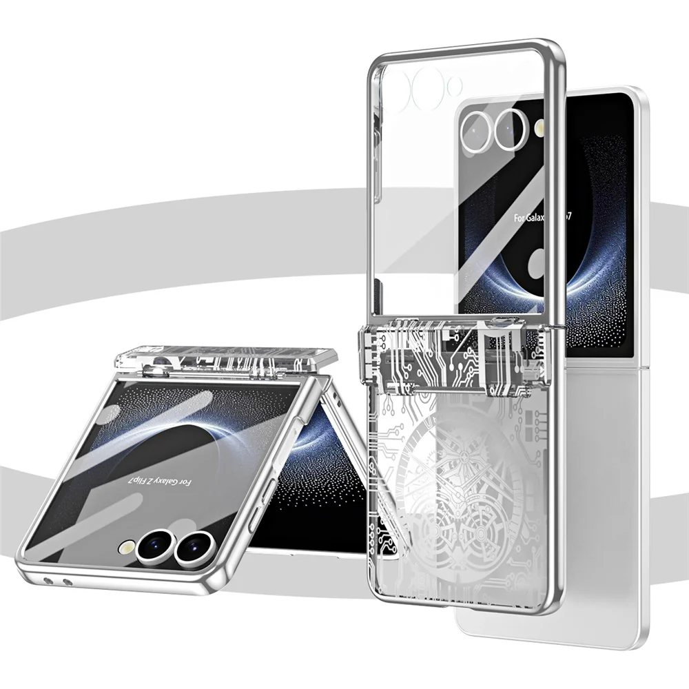 For Samsung Galaxy Z Flip7 5G Case Mechanical Legend Electroplating PC Phone Cover with Rear Screen Film - Silver - Image 5
