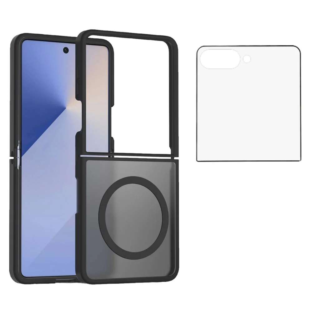 For Samsung Galaxy Z Flip7 5G Case PC + TPU Kickstand Phone Cover with Tempered Glass Screen Film - Black