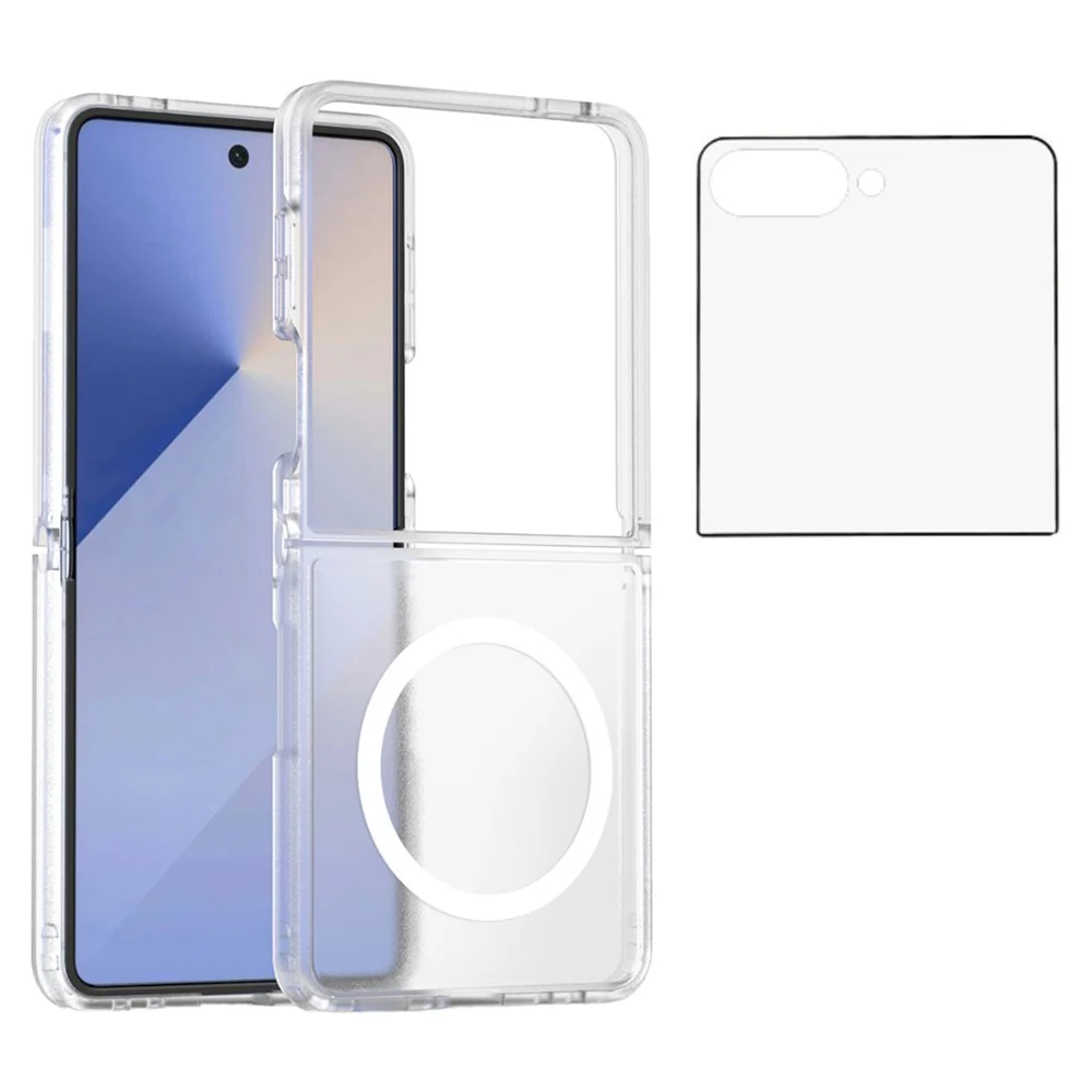 For Samsung Galaxy Z Flip7 5G Case PC + TPU Kickstand Phone Cover with Tempered Glass Screen Film - Translucent