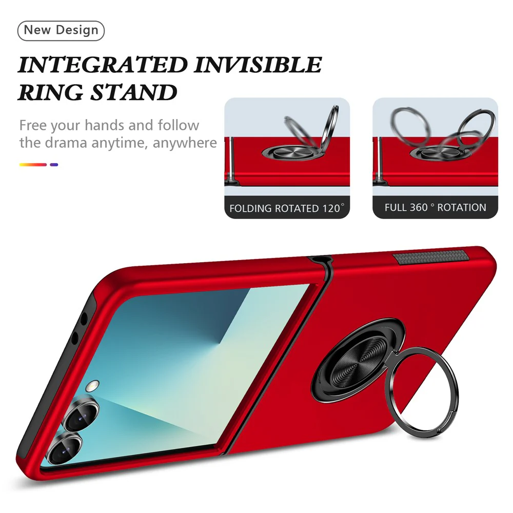 For Samsung Galaxy Z Flip7 5G Case PC + TPU Phone Cover with Rotatable Ring Holder - Red - Image 2