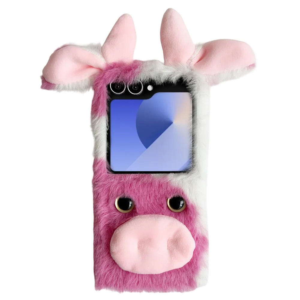 For Samsung Galaxy Z Flip7 5G Case Plush Cow Hard PC Protective Phone Cover - Pink