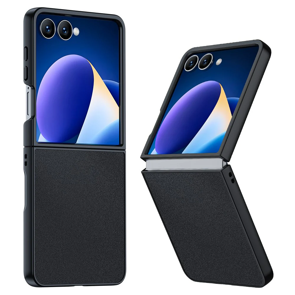 For Samsung Galaxy Z Flip7 5G Case PU Leather Coated PC Anti-Drop Folding Phone Cover - Black