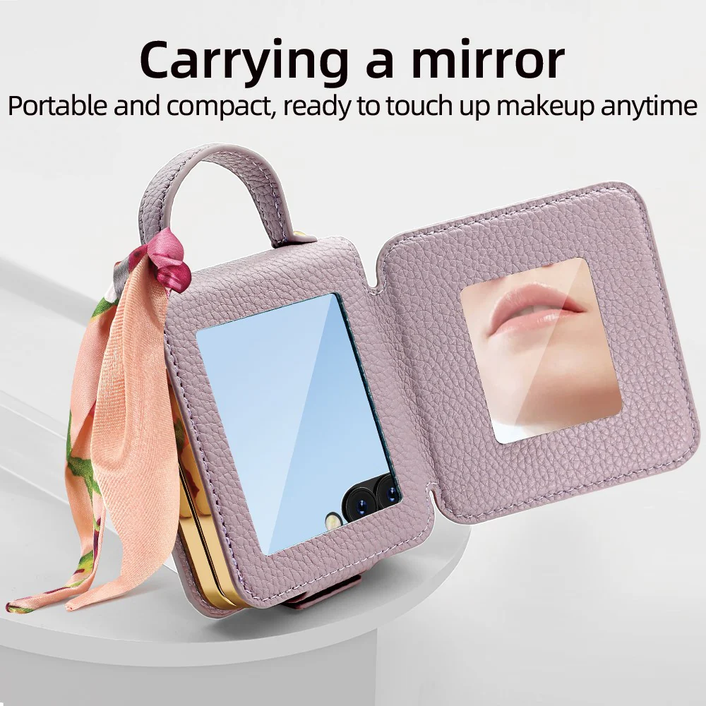 For Samsung Galaxy Z Flip7 5G Case PU Leather + PC Tote Phone Cover with Mirror - Red - Image 5