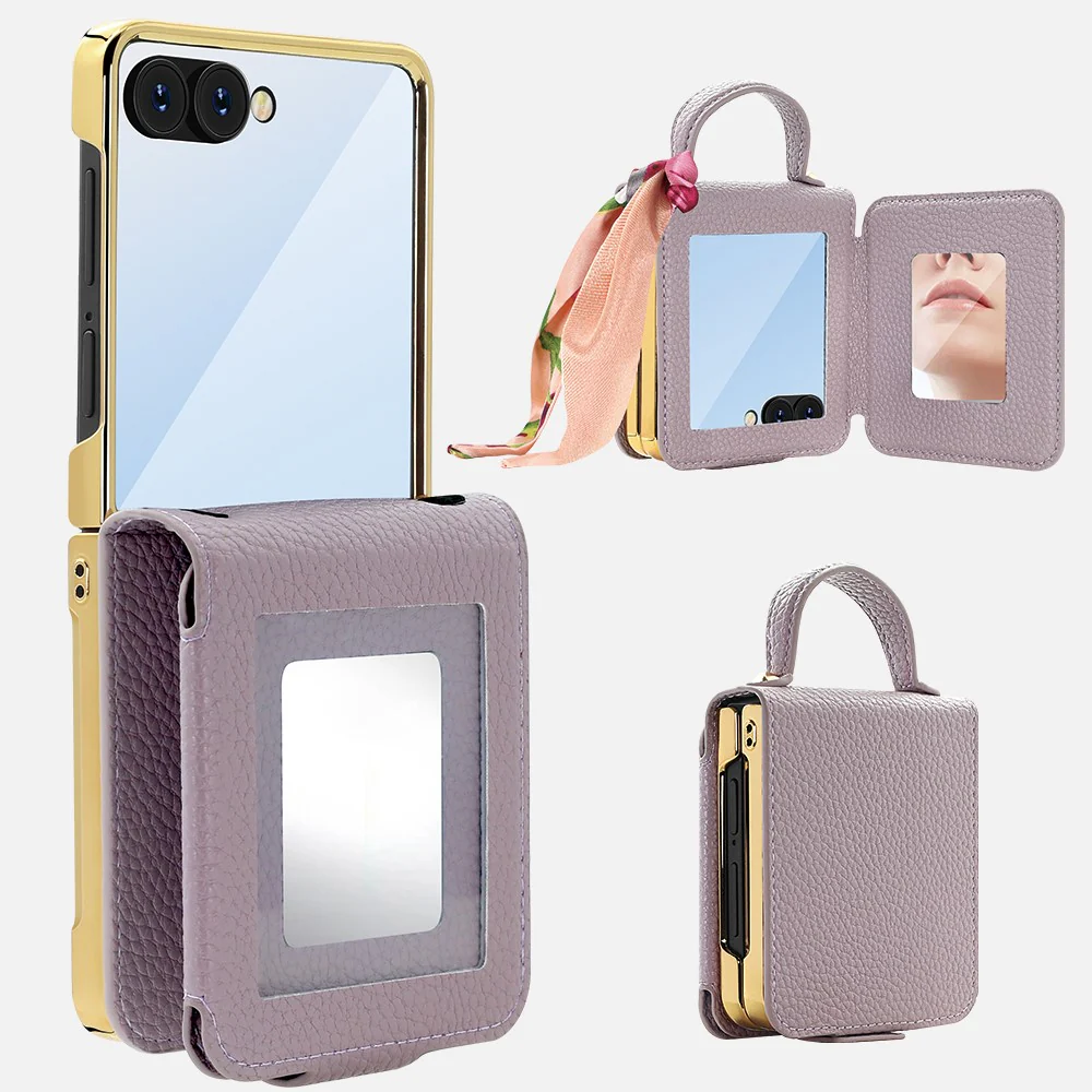 For Samsung Galaxy Z Flip7 5G Case PU Leather + PC Tote Phone Cover with Mirror - Red - Image 8
