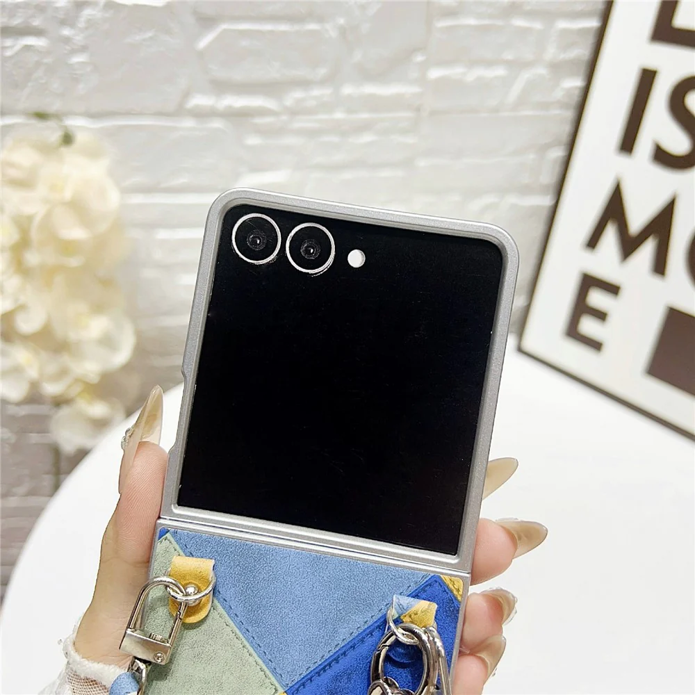 For Samsung Galaxy Z Flip7 5G Case Retro Rhombus PU + PC Phone Cover with Love Pendant and Strap - Blue / Yellow - Image 4