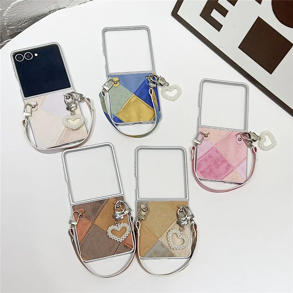 For Samsung Galaxy Z Flip7 5G Case Retro Rhombus PU + PC Phone Cover with Love Pendant and Strap - Blue / Yellow - Image 8
