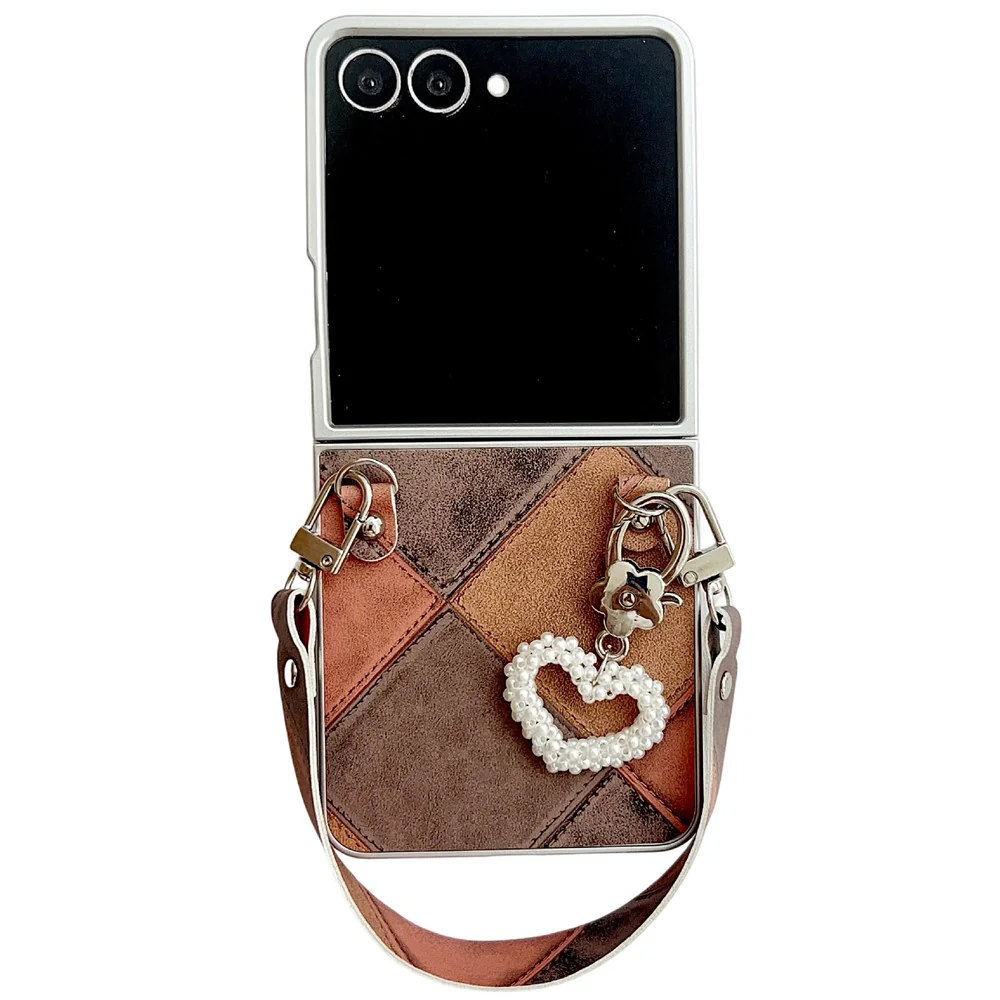 For Samsung Galaxy Z Flip7 5G Case Retro Rhombus PU + PC Phone Cover with Love Pendant and Strap - Dark Brown