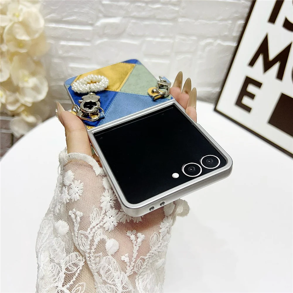 For Samsung Galaxy Z Flip7 5G Case Retro Rhombus PU + PC Phone Cover with Love Pendant and Strap - Khaki - Image 5