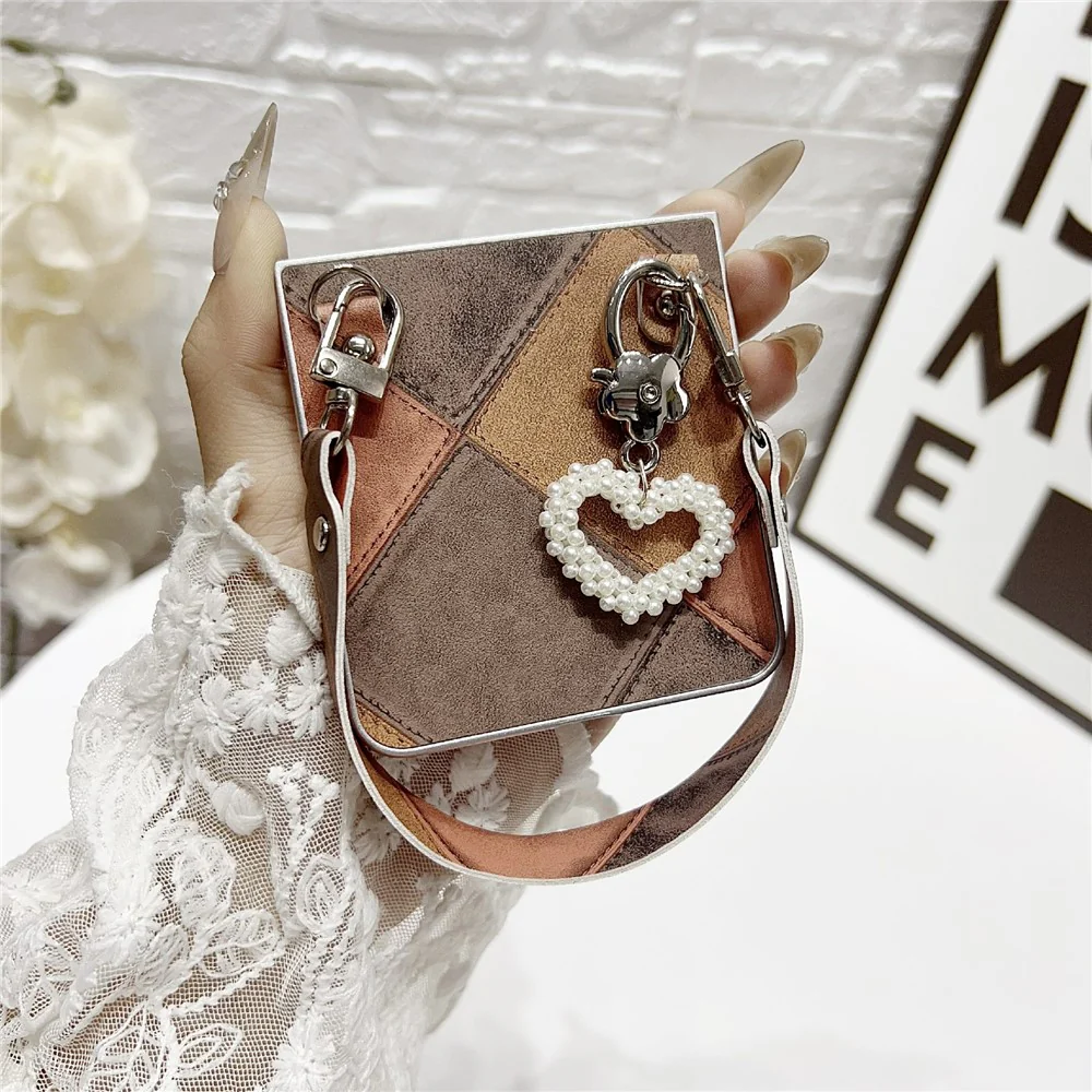 For Samsung Galaxy Z Flip7 5G Case Retro Rhombus PU + PC Phone Cover with Love Pendant and Strap - Khaki - Image 6