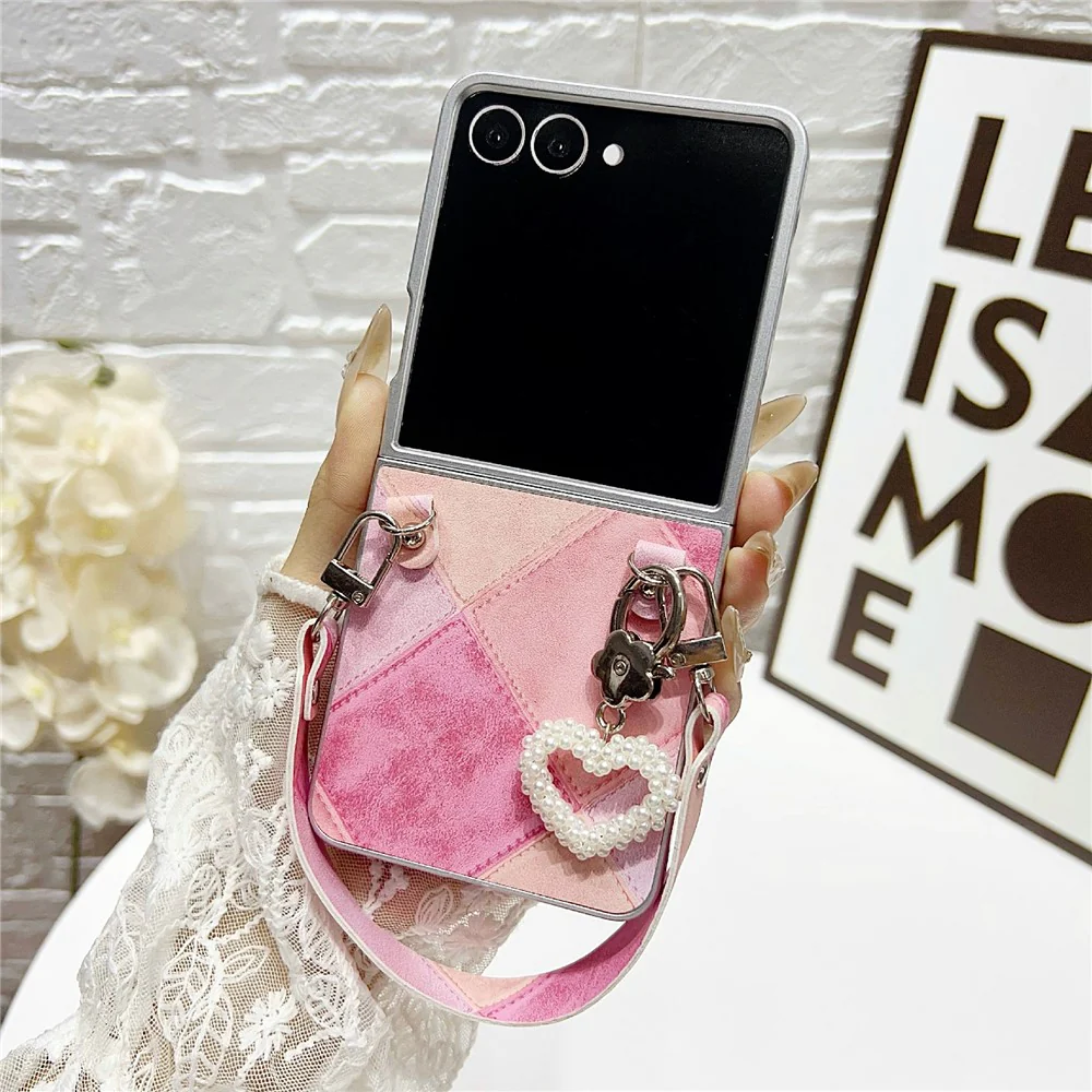 For Samsung Galaxy Z Flip7 5G Case Retro Rhombus PU + PC Phone Cover with Love Pendant and Strap - Pink - Image 2