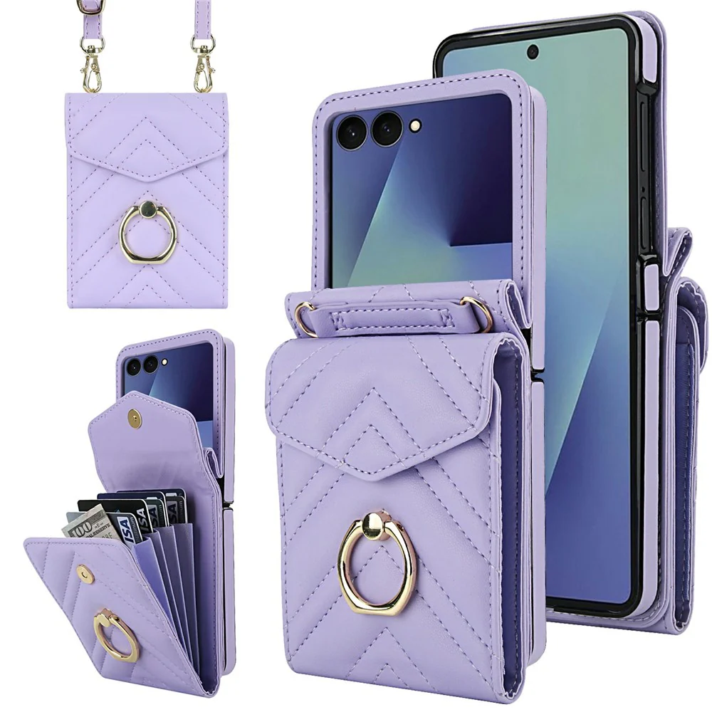For Samsung Galaxy Z Flip7 5G Case RFID Blocking PU Leather + TPU Phone Cover with Shoulder Strap - Light Purple