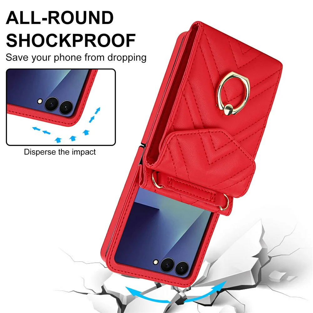 For Samsung Galaxy Z Flip7 5G Case RFID Blocking PU Leather + TPU Phone Cover with Shoulder Strap - Red - Image 6