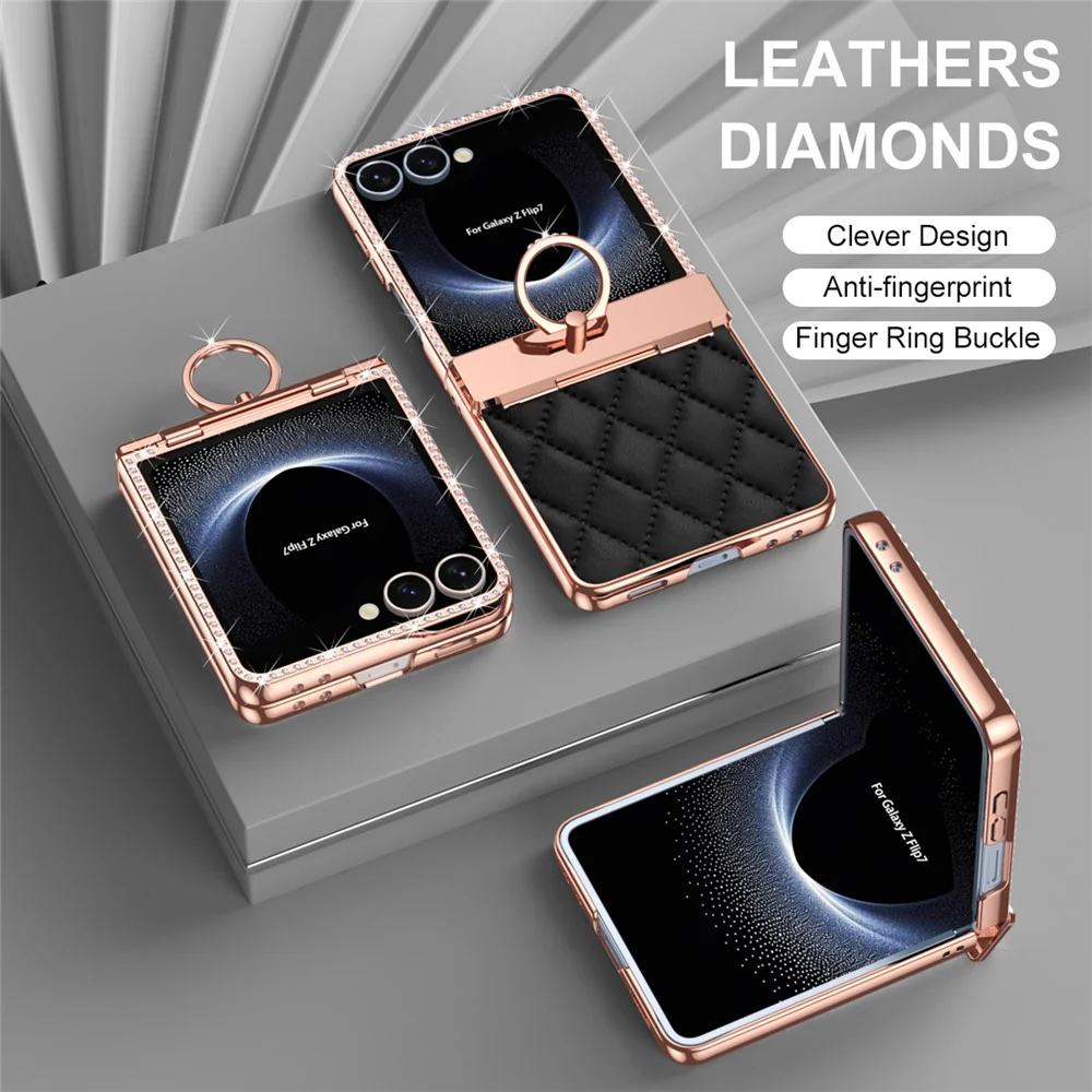 For Samsung Galaxy Z Flip7 5G Case Rhinestone Decoration Ring Holder Rhombus Leather + PC Phone Cover - Black - Image 7