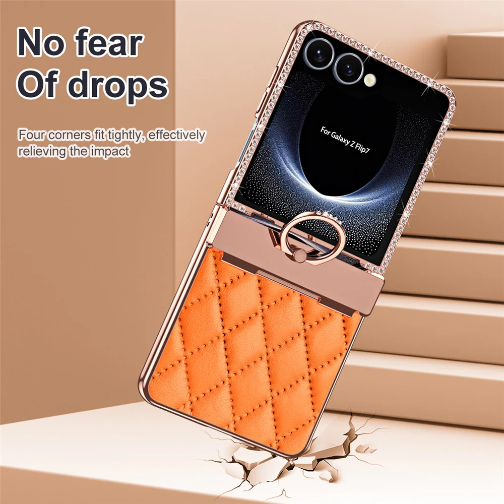 For Samsung Galaxy Z Flip7 5G Case Rhinestone Decoration Ring Holder Rhombus Leather + PC Phone Cover - Orange - Image 4