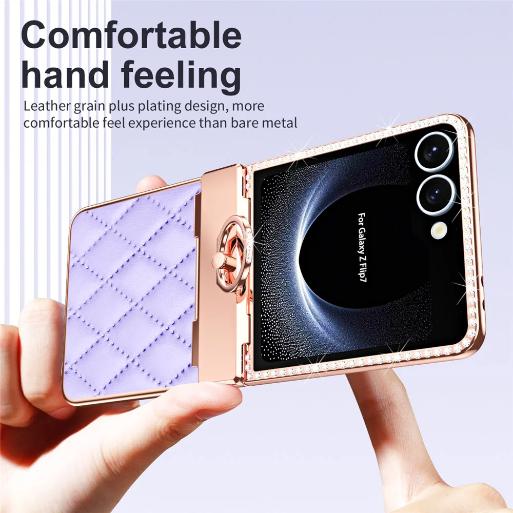 For Samsung Galaxy Z Flip7 5G Case Rhinestone Decoration Ring Holder Rhombus Leather + PC Phone Cover - Purple - Image 2