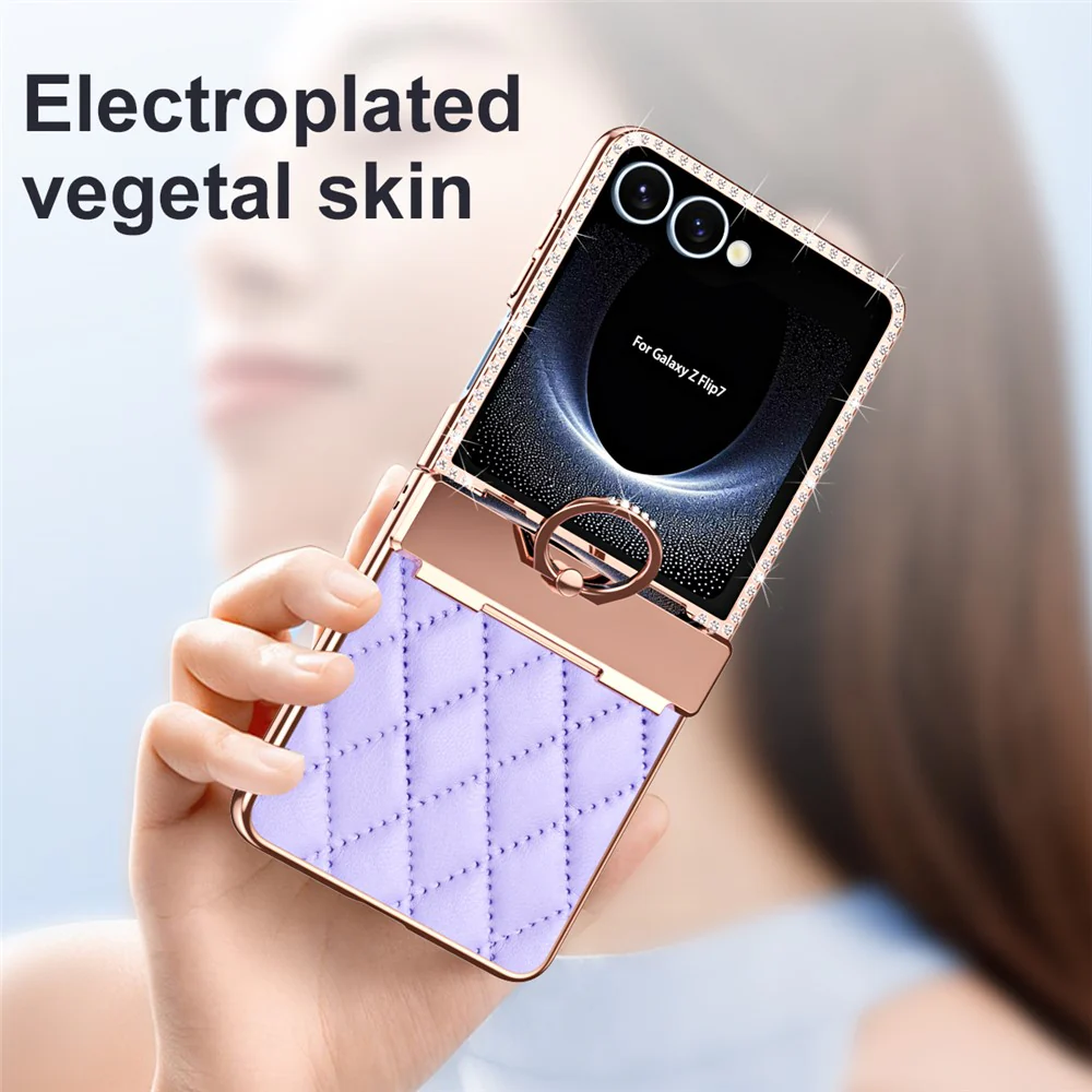 For Samsung Galaxy Z Flip7 5G Case Rhinestone Decoration Ring Holder Rhombus Leather + PC Phone Cover - Purple - Image 3