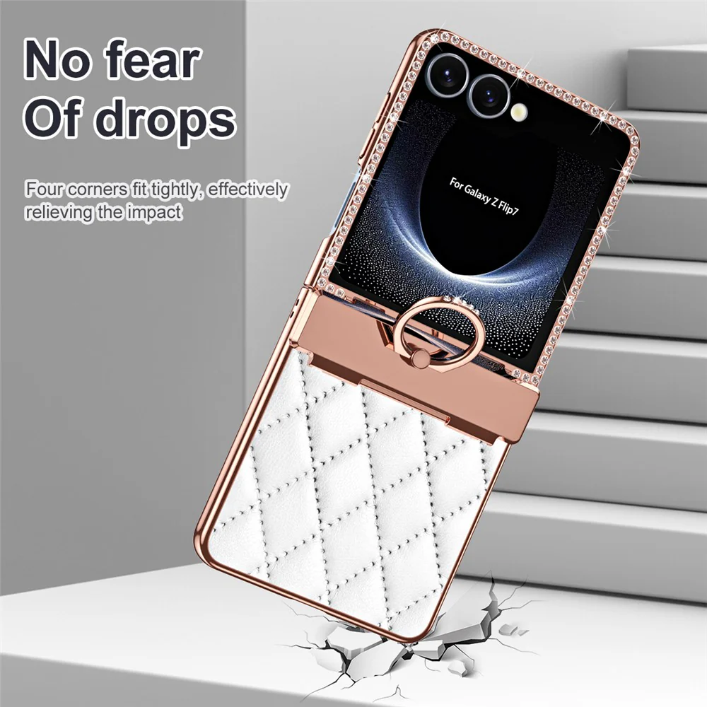 For Samsung Galaxy Z Flip7 5G Case Rhinestone Decoration Ring Holder Rhombus Leather + PC Phone Cover - White - Image 4