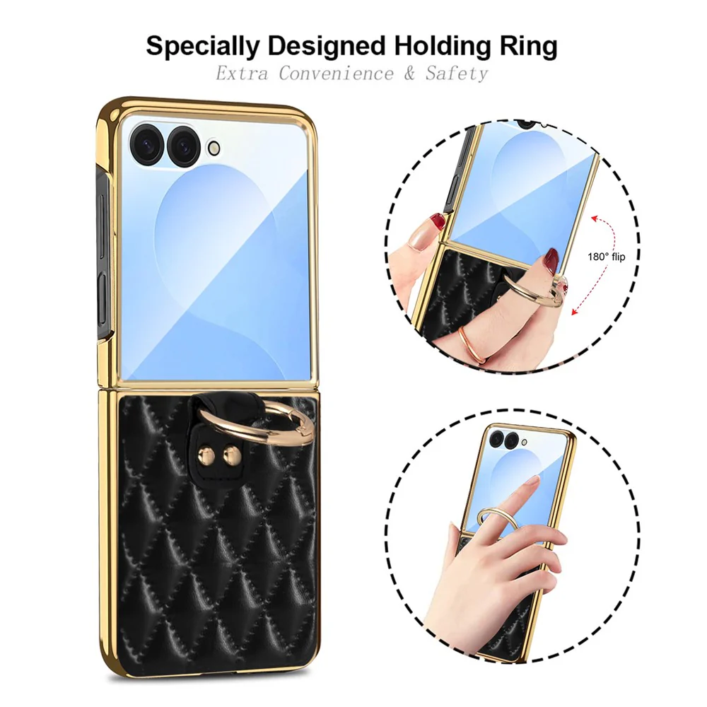 For Samsung Galaxy Z Flip7 5G Case Rhombus Grid Phone Cover with Tempered Glass Film - Pink - Image 5
