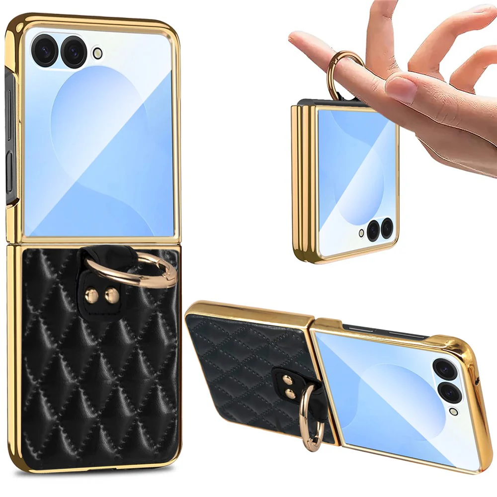 For Samsung Galaxy Z Flip7 5G Case Rhombus Grid Phone Cover with Tempered Glass Film - White - Image 3