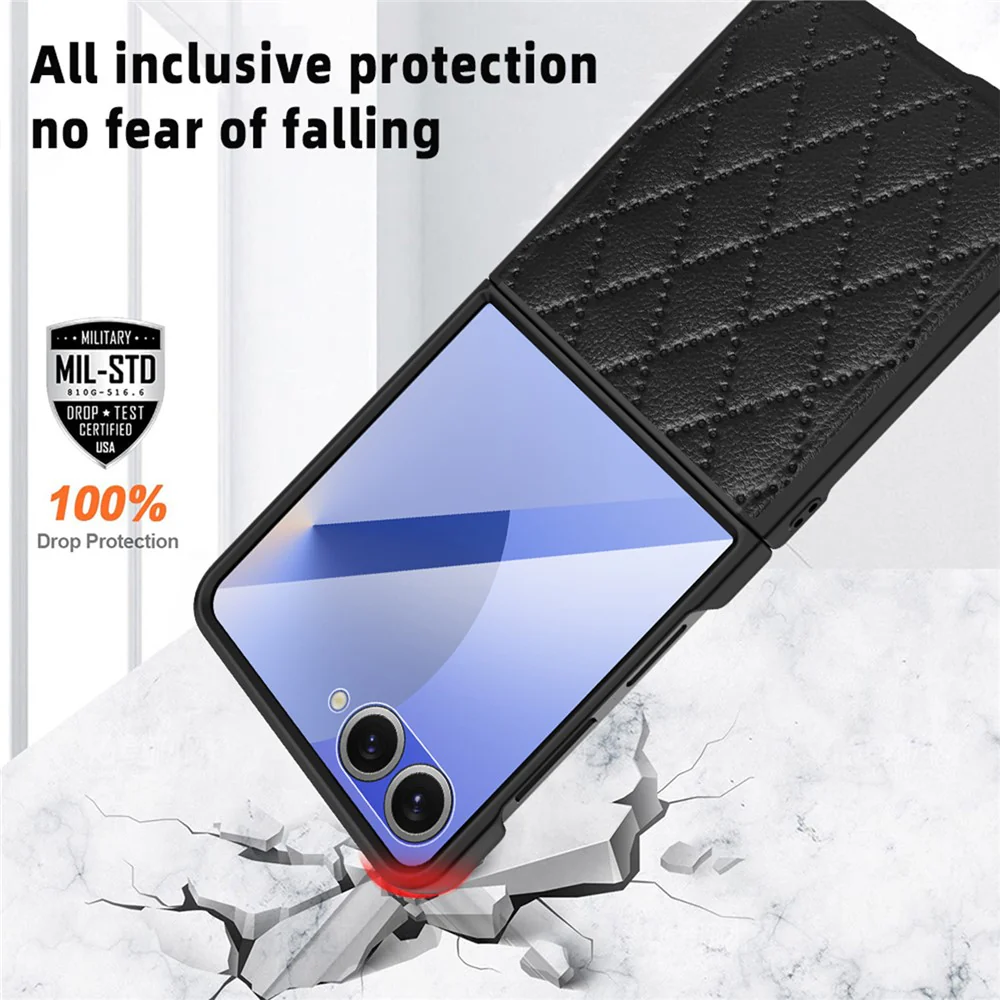 For Samsung Galaxy Z Flip7 5G Case Rhombus Imprint PU+Hard PC Phone Cover with Screen / Lens Film - Purple - Image 7