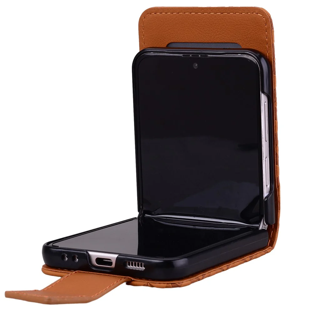 For Samsung Galaxy Z Flip7 5G Case Rhombus Pattern Leather Phone Cover with Wrist Strap - Brown - Image 4
