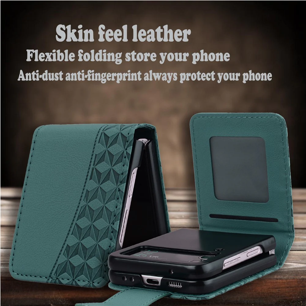 For Samsung Galaxy Z Flip7 5G Case Rhombus Pattern Leather Phone Cover with Wrist Strap - Green - Image 8
