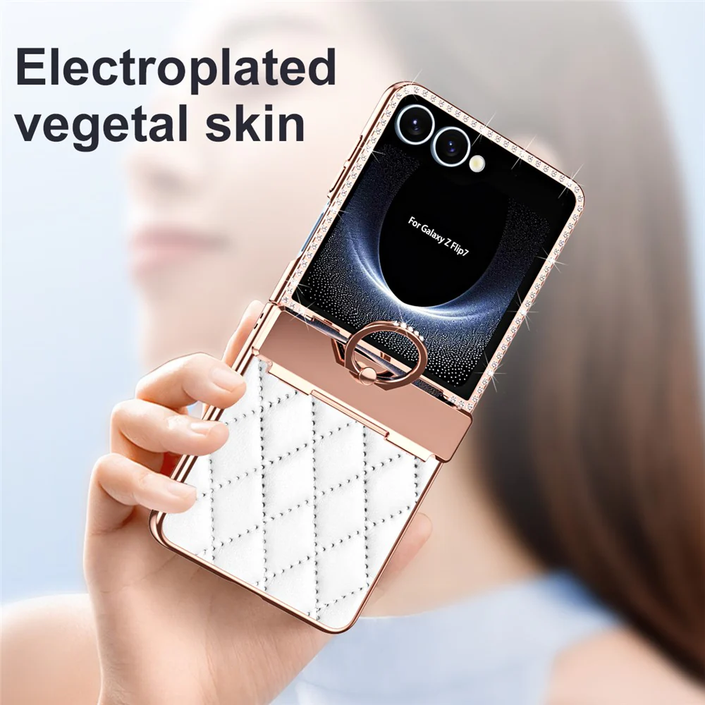 For Samsung Galaxy Z Flip7 5G Case Ring Holder Rhinestone Decor Leather + PC Cover with Rear Screen Film - Orange - Image 7