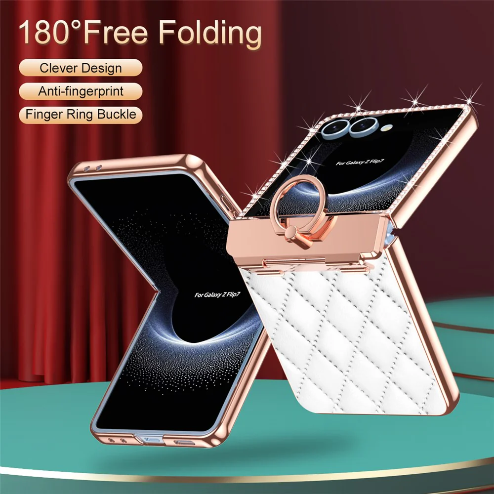 For Samsung Galaxy Z Flip7 5G Case Ring Holder Rhinestone Decor Leather + PC Cover with Rear Screen Film - Purple - Image 5