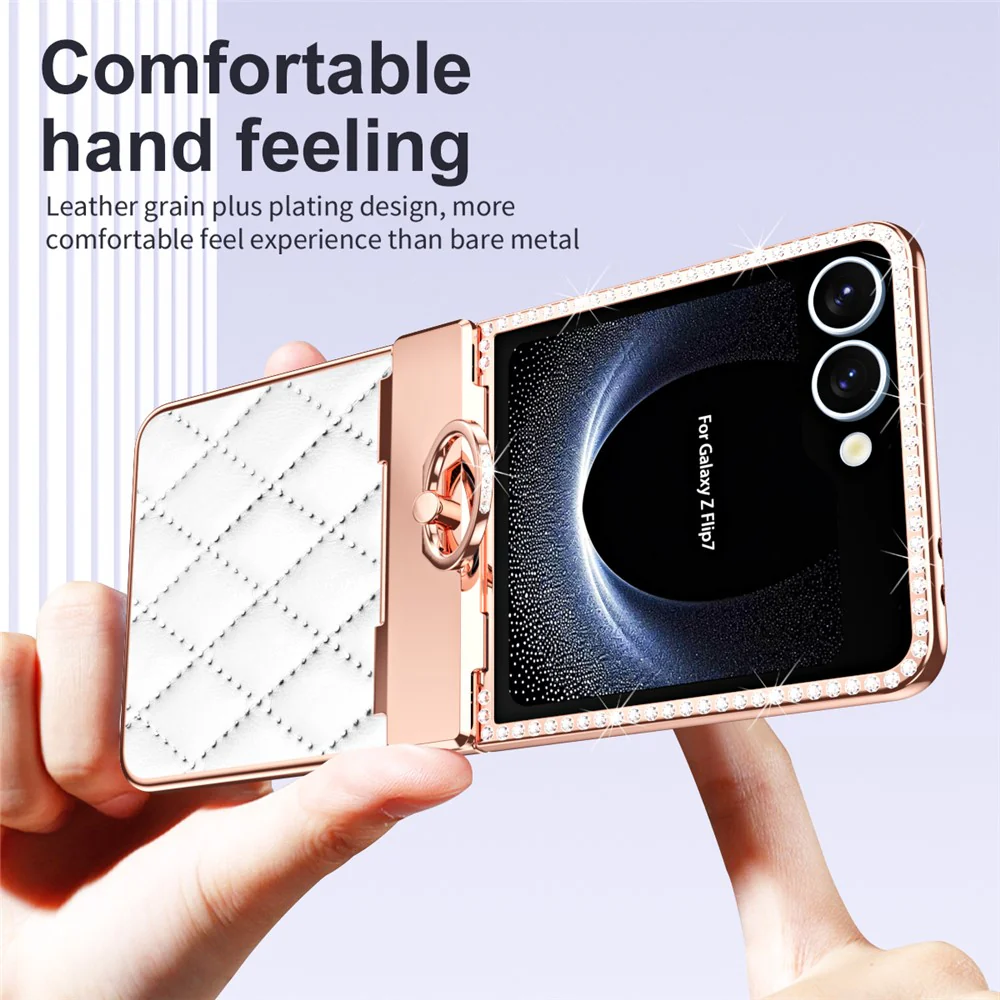 For Samsung Galaxy Z Flip7 5G Case Ring Holder Rhinestone Decor Leather + PC Cover with Rear Screen Film - White - Image 6