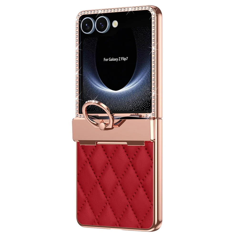 For Samsung Galaxy Z Flip7 5G Case Ring Holder Rhinestone Decor Leather + PC Cover with Rear Screen Film - Wine Red - Image 2