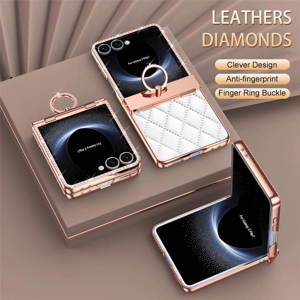 For Samsung Galaxy Z Flip7 5G Case Ring Holder Rhinestone Decor Leather + PC Cover with Rear Screen Film - Wine Red - Image 4