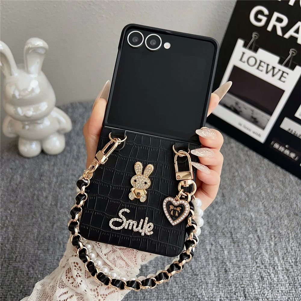 For Samsung Galaxy Z Flip7 5G Case Smile Rabbit PU + PC Phone Cover with Wrist Strap - Crocodile Texture - Image 2