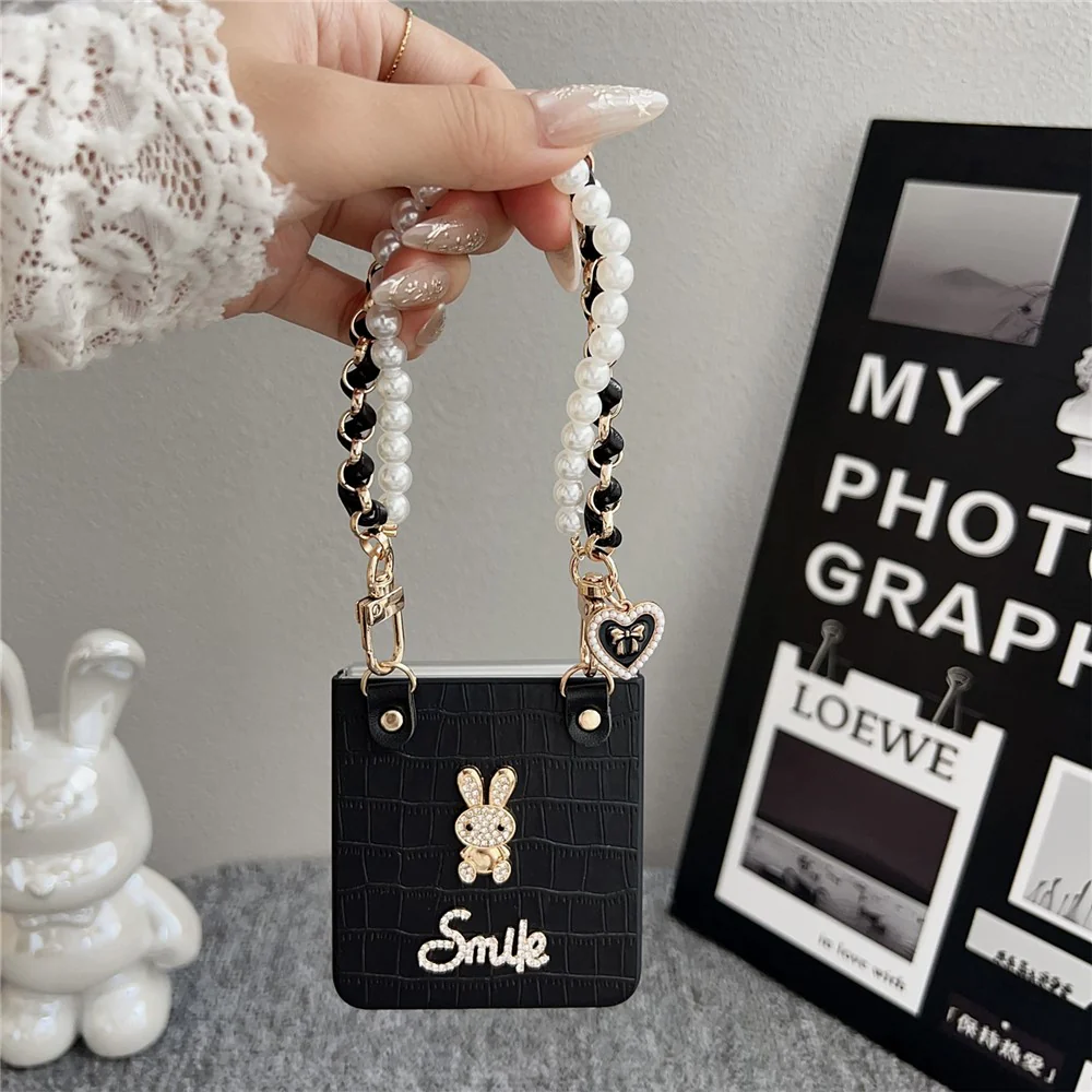 For Samsung Galaxy Z Flip7 5G Case Smile Rabbit PU + PC Phone Cover with Wrist Strap - Crocodile Texture - Image 3