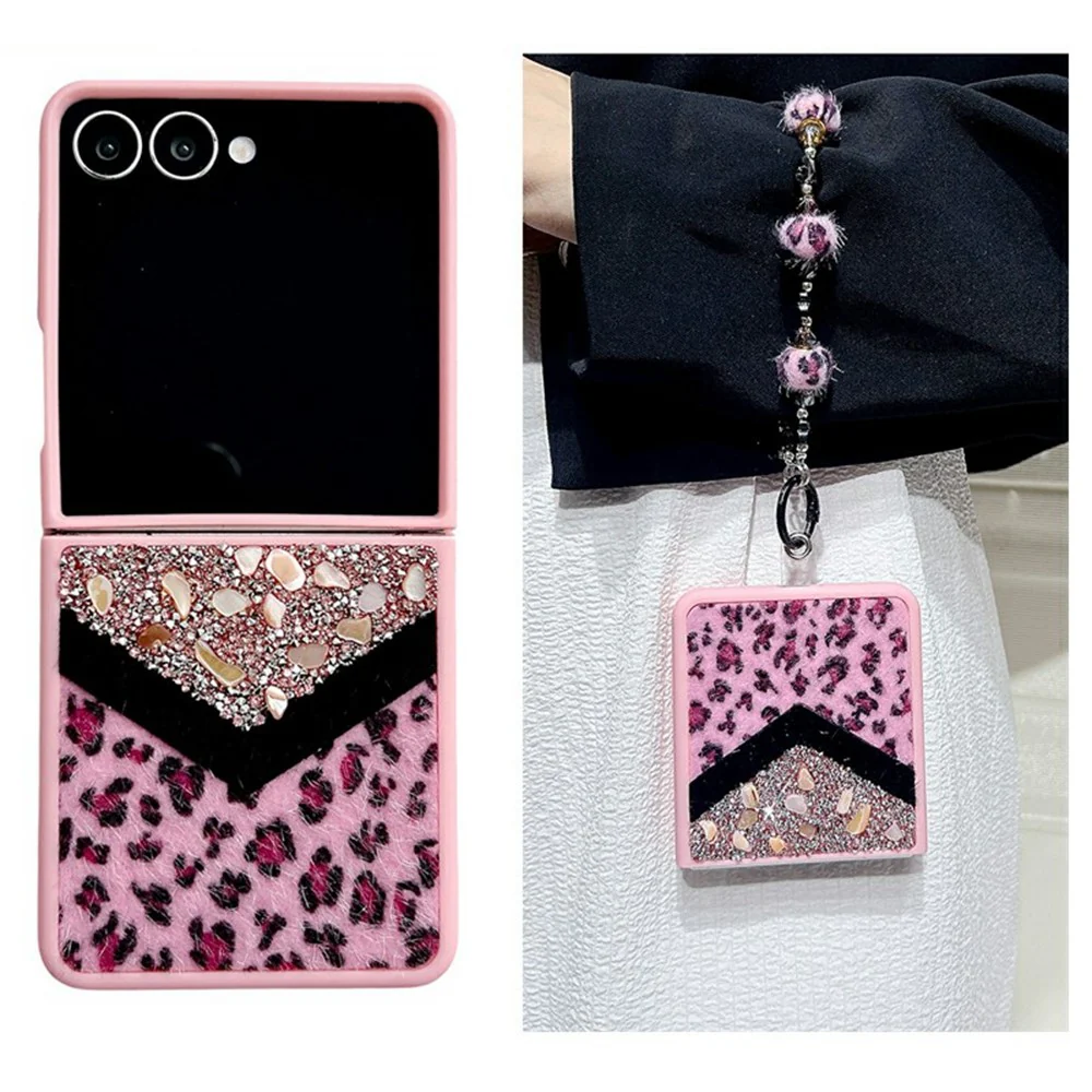 For Samsung Galaxy Z Flip7 5G Case Stone Decor Glitter Leopard Splicing Plush PC Phone Cover with Hand Chain - Pink - Image 2
