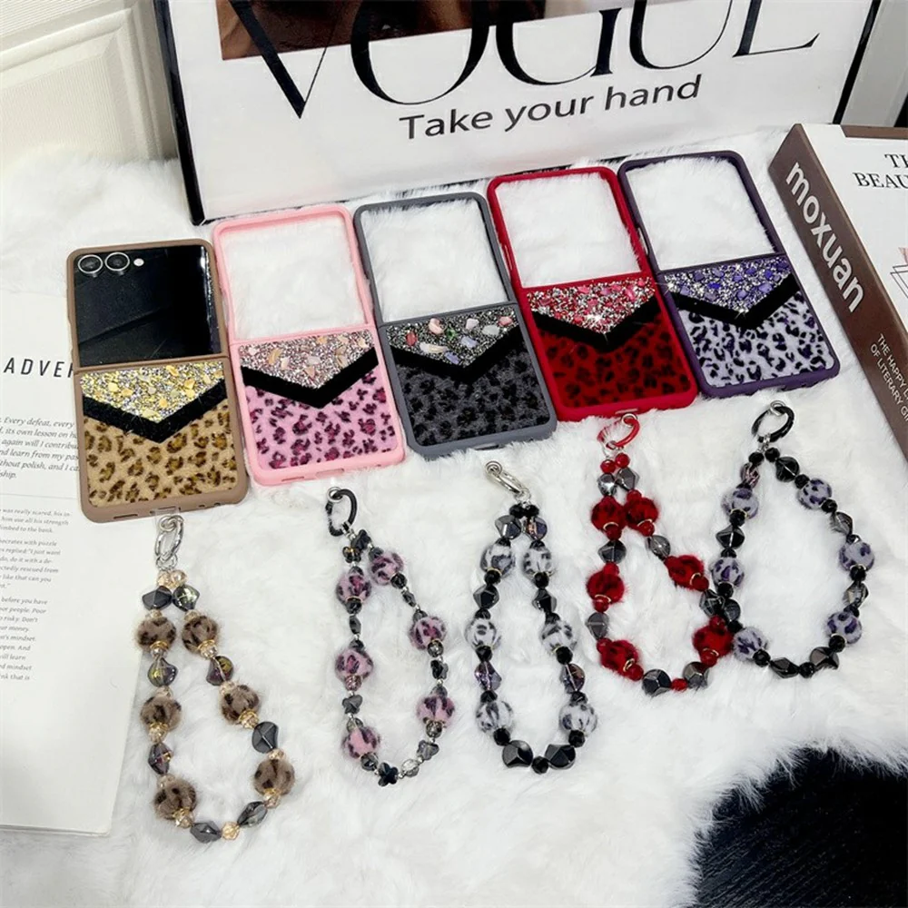 For Samsung Galaxy Z Flip7 5G Case Stone Decor Glitter Leopard Splicing Plush PC Phone Cover with Hand Chain - Pink - Image 7