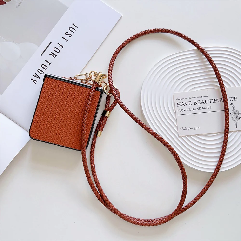 For Samsung Galaxy Z Flip7 5G Case Straw Mat Texture TPU + PC Phone Cover with Woven Crossbody Strap - Brown - Image 2
