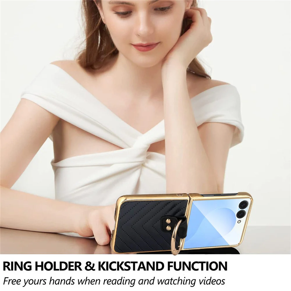 For Samsung Galaxy Z Flip7 5G Case V-Shape Pattern Kickstand PC Phone Cover - Black - Image 4