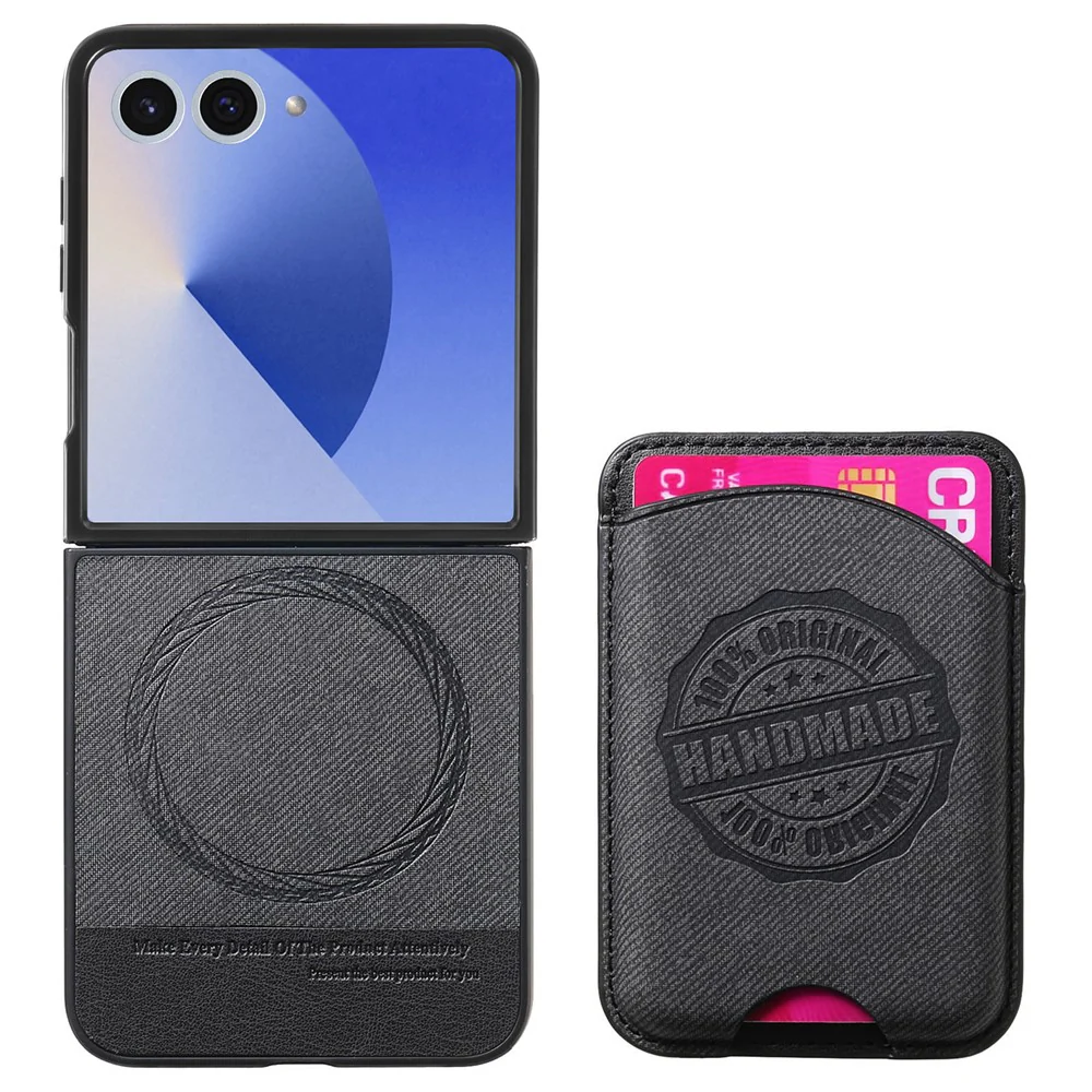 For Samsung Galaxy Z Flip7 5G Case with Card Bag Compatible with MagSafe Denim Texture Leather Back Cover - Black - Image 2